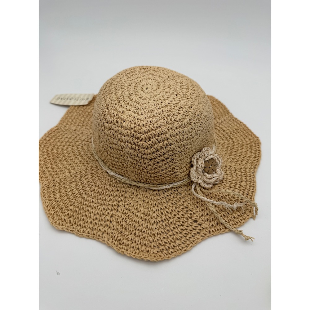 Vintage 90s Hand Crocheted Raffia Toyo Straw Sun Hat Wavy Brim Floppy